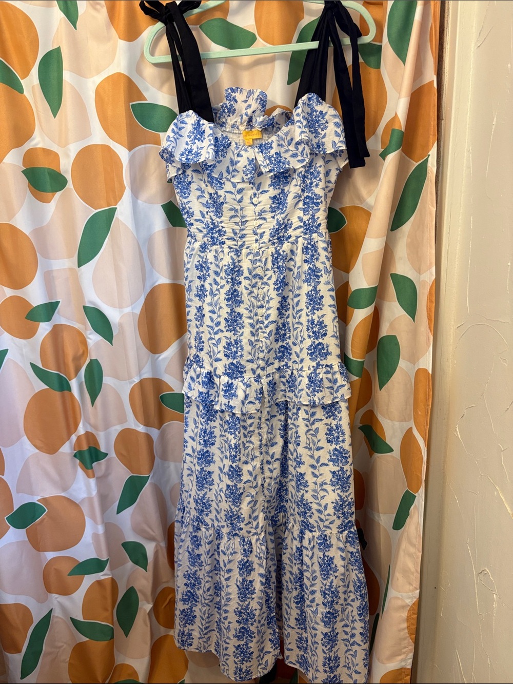 Flying Tomato by Vici- Blue Floral Tiered Sundress with Black Tie Straps, size L
